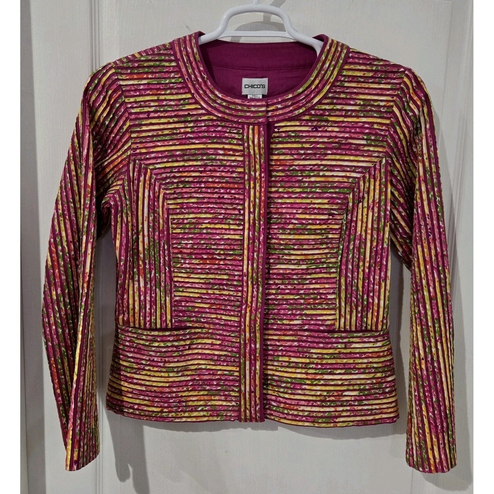 Chico'st Pink Green Stripe Jacket Sz 0 (4-6) Small Art To Wear Eclectic Boho